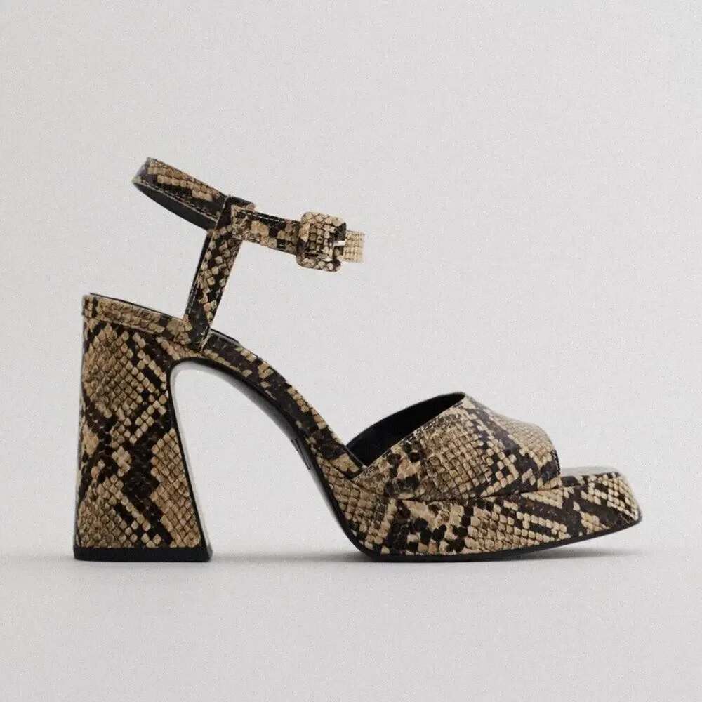 Zara NWT Snake Print Platform Block Heel Ankle Strap Sandals Size 8